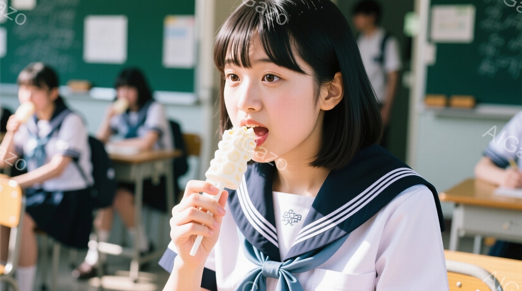 制服を着た女子学生が、何かを食べている様子が写っています。彼女は黒髪のショートボブで、少し口を開けて白い食べ物を味わっている表情です。教室の背景には他の生徒も座っており、授業中なのか、休憩時間なのかを想像させます。