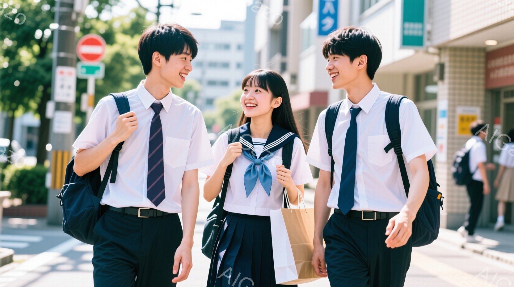 制服を着た若い男女が歩道を歩いている。男性は白いシャツにネクタイ、黒いズボン、肩に黒いリュックサックを背負っている。女性はセーラー服を着て、手に紙袋を持ち、二人とも笑顔で互いを見つめ、明るく晴れた日の - AI生成フリー素材