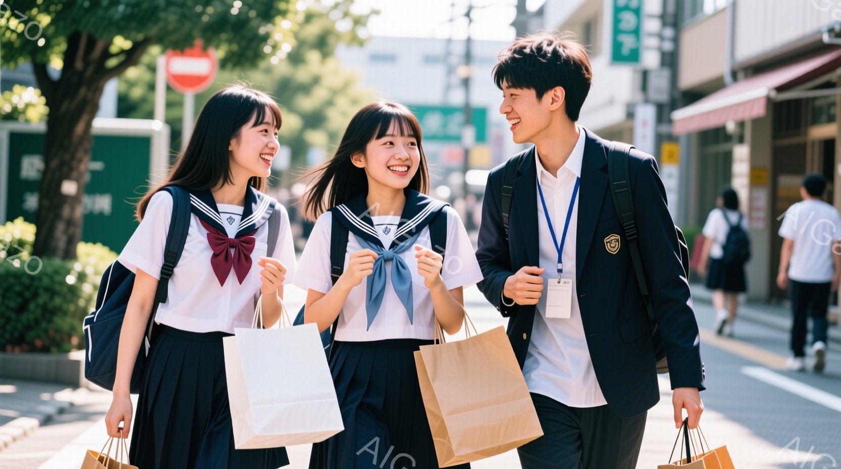 制服姿の女子高生二人が、ショッピングバッグを持って歩道を歩いている。明るい表情で互いに微笑み合い、楽しそうな雰囲気を醸し出している。背景には商店や木々が見え、晴天の下、活気のある街並みが広がっている。