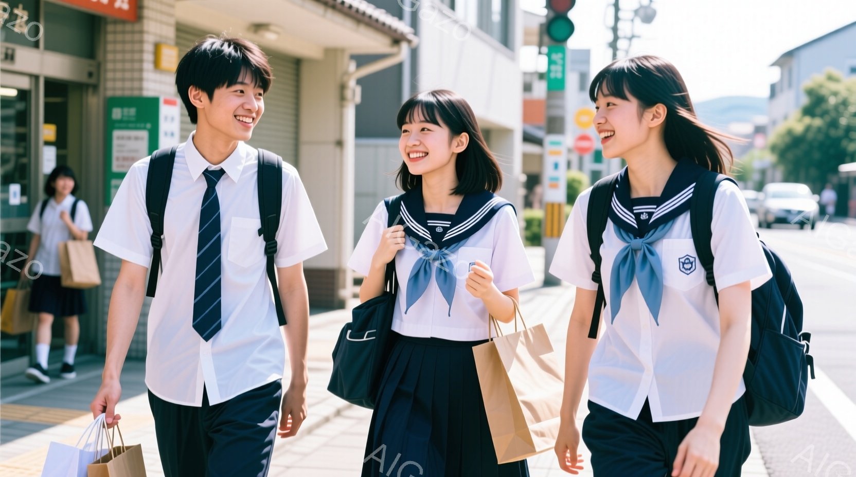 制服姿の男子生徒と女子生徒二人が、歩道を笑顔で歩いている。男子生徒は白いシャツにネクタイ、黒いズボンを着用し、女子生徒はセーラー服に黒いスカートを合わせている。背景には建物や木々が見え、晴天で明るい日 - AI生成フリー素材