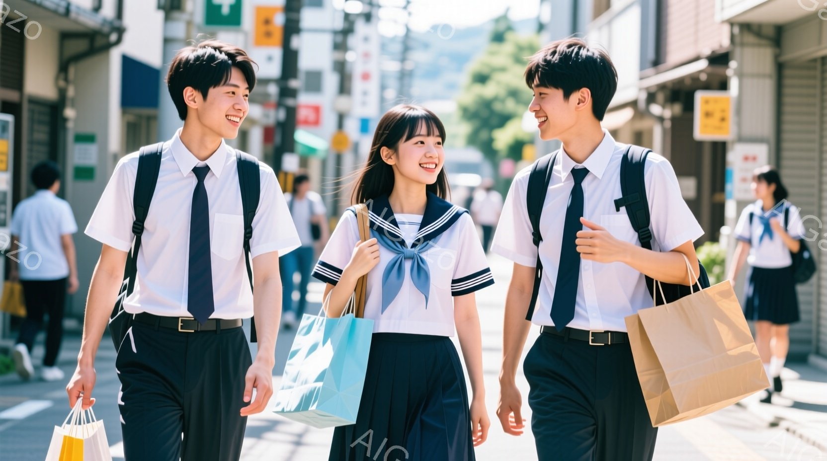 制服を着た若い男女が歩道を歩いている。彼らは皆笑顔で、ショッピングバッグを持っていることから、買い物を楽しんでいる様子が伺える。背景には商店や建物が並び、晴れた空と穏やかな光が、活気のある夏の日の雰囲 - AI生成フリー素材
