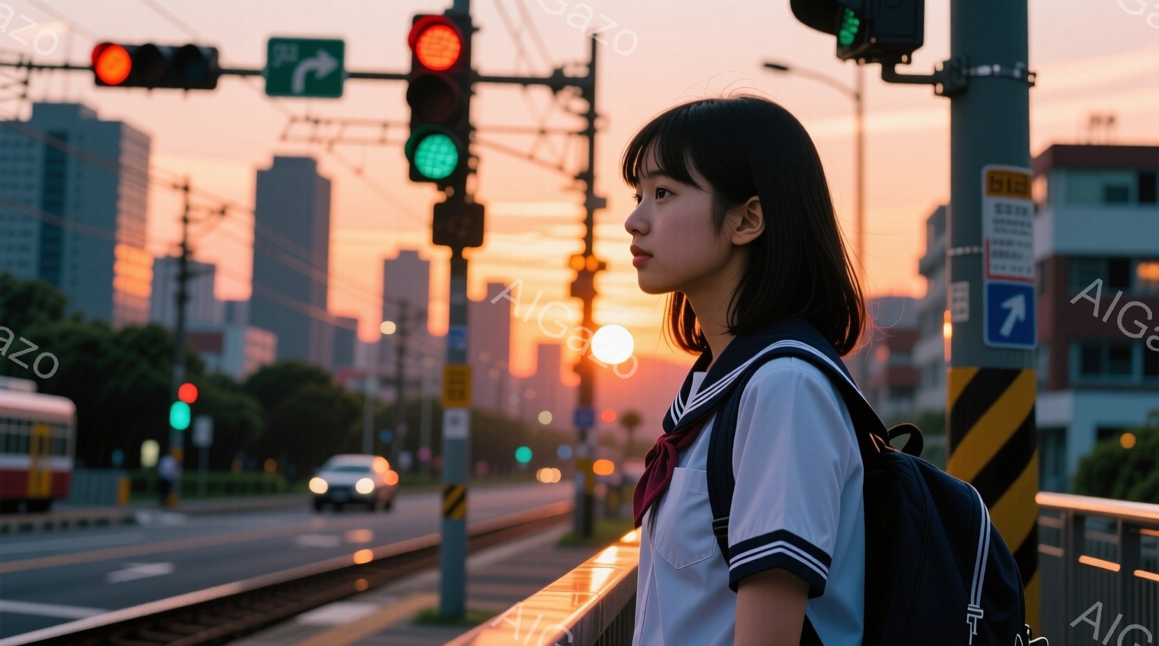 制服姿の若い女性が、鉄道のプラットフォームに立っている。彼女は黒髪で、少し内側に入った前髪を持ち、横を向いて遠くを見つめている表情はどこか物憂げだ。背景には夕焼けに染まる都市の風景が広がり、プラットフォームの柵に手をついて立っている彼女の姿が、寂しげでノスタルジックな雰囲気を醸し出している。