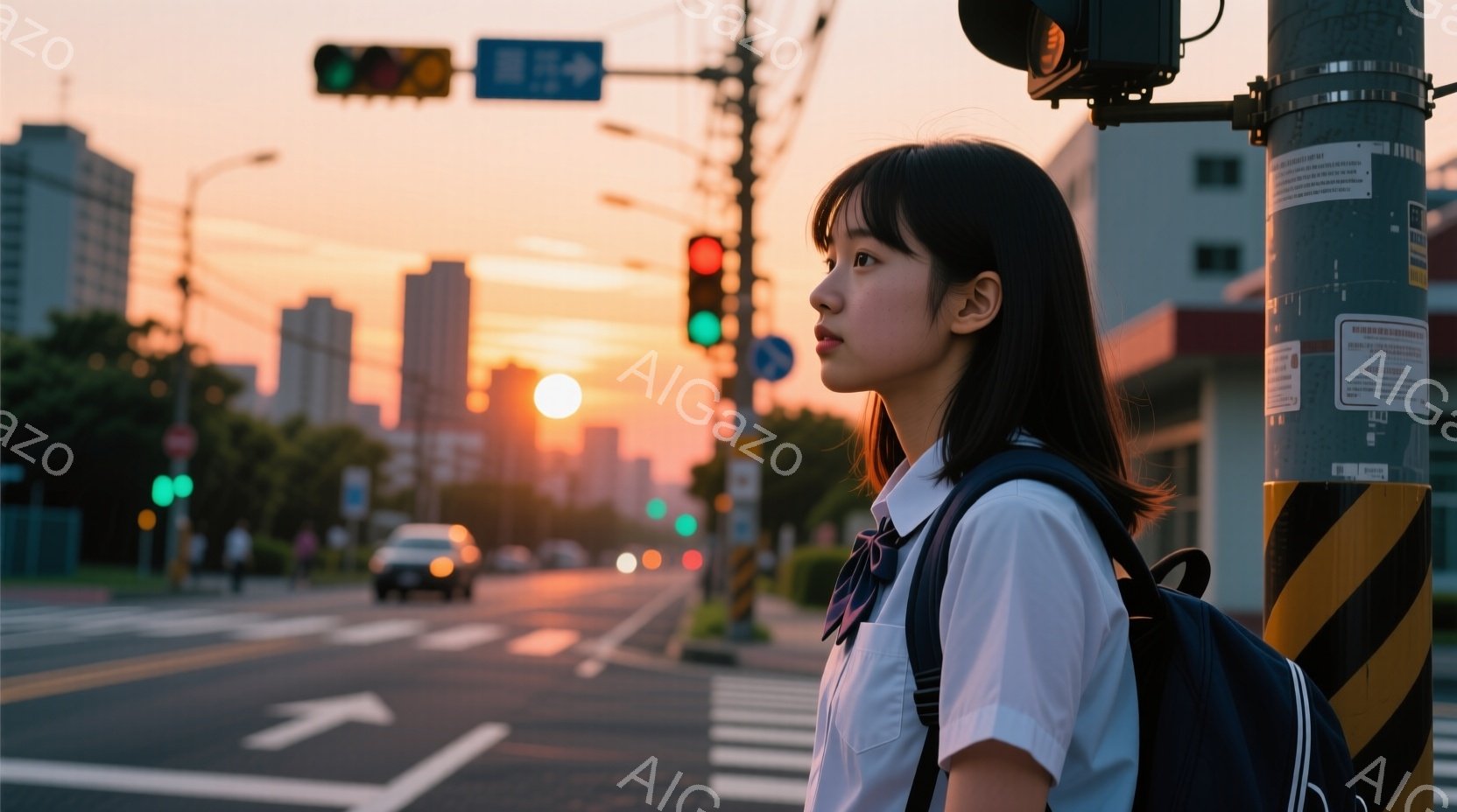 夕焼けの街並みを背景に、制服を着た女子高生が横を向いて立っている。彼女は長い黒髪で、少し物憂げな表情をしており、肩にはリュックサックを背負っている。道路には白線が引かれ、遠くには高層ビル群と交通信号機 - AI生成フリー素材