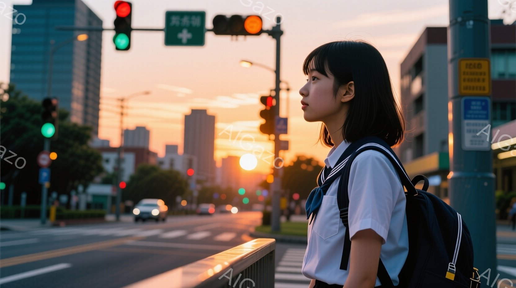 制服を着た若い女性が横向きに立っており、少し憂いを帯びた表情で遠くを見つめています。彼女は短い前髪と肩までの長さの髪を持ち、黒いリュックサックを背負っています。背景には、夕焼けに照らされた街並みと、交通信号機、そして横断歩道が見え、全体的にノスタルジックで物憂げな雰囲気を醸し出しています。