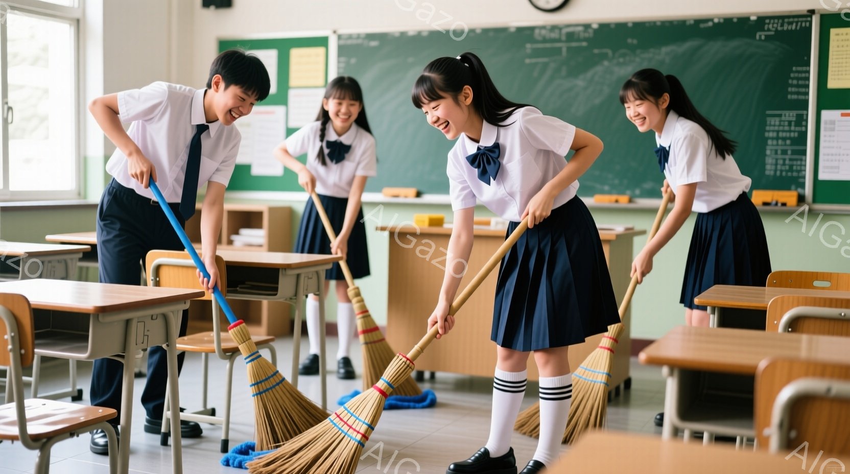 教室で、制服を着た生徒たちが掃き掃除をしている様子が写っている。男子生徒は、青いブレザーとズボンを着用し、女子生徒たちは白いブラウスと紺色のスカート、白いソックスを履いている。彼らは皆笑顔で、楽しそう - AI生成フリー素材