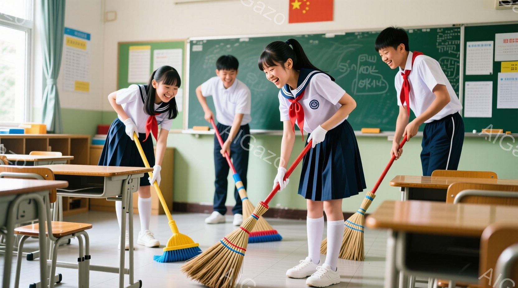 紺色のスカートと白のブラウスを着た女子生徒たちが、教室を掃いている様子が写っています。彼女たちは皆、笑顔で、楽しそうにほうきで床を掃いており、リラックスした雰囲気です。教室の奥には黒板があり、生徒たちが掃除をしている教室の様子が分かります。