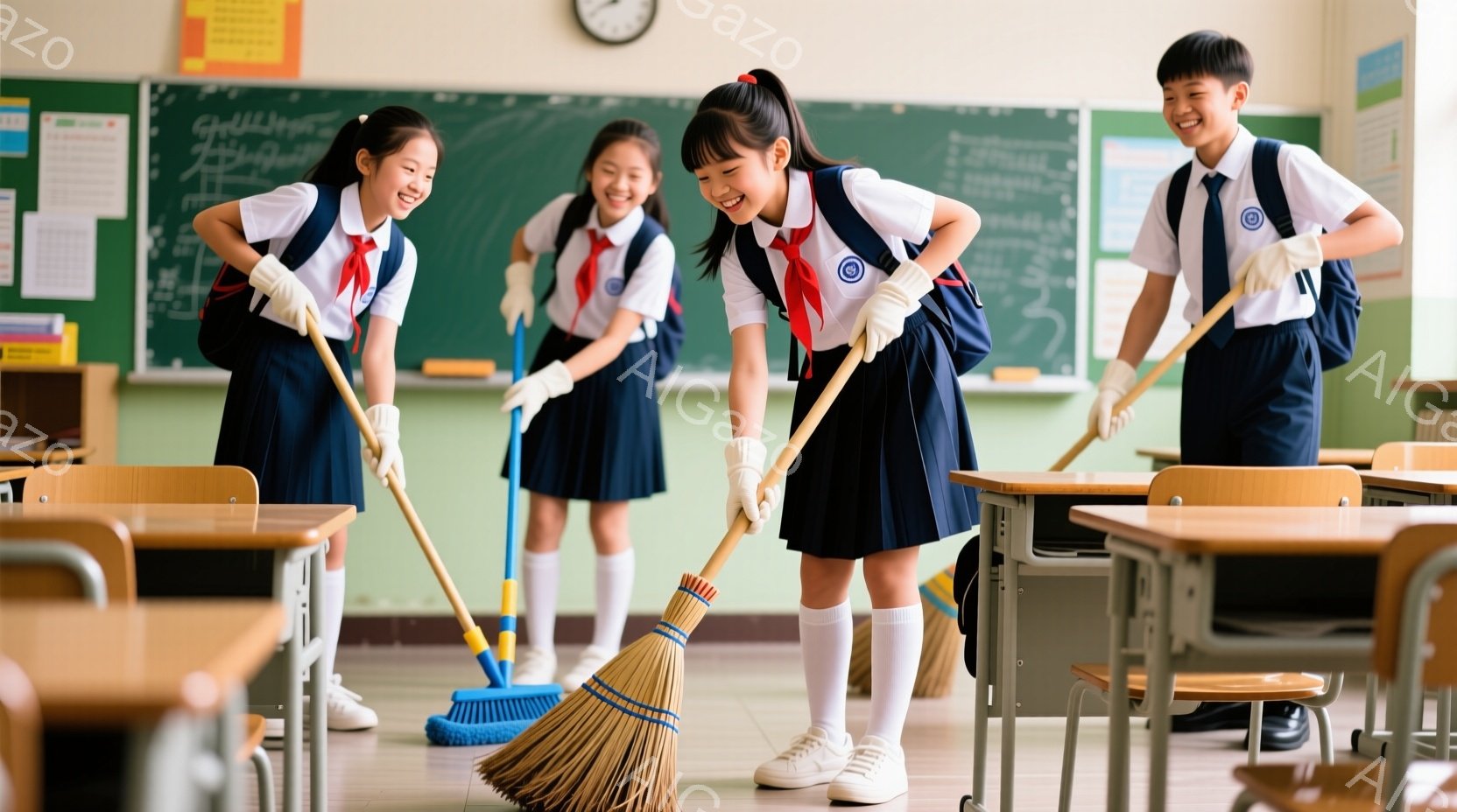 制服を着た小学生たちが教室を掃いている様子が写っています。紺色のブレザーとチェックのスカートを着用し、赤いネクタイと白い靴下を合わせ、笑顔でほうきを振るっています。教室には木製の机と椅子が並び、黒板に - AI生成フリー素材