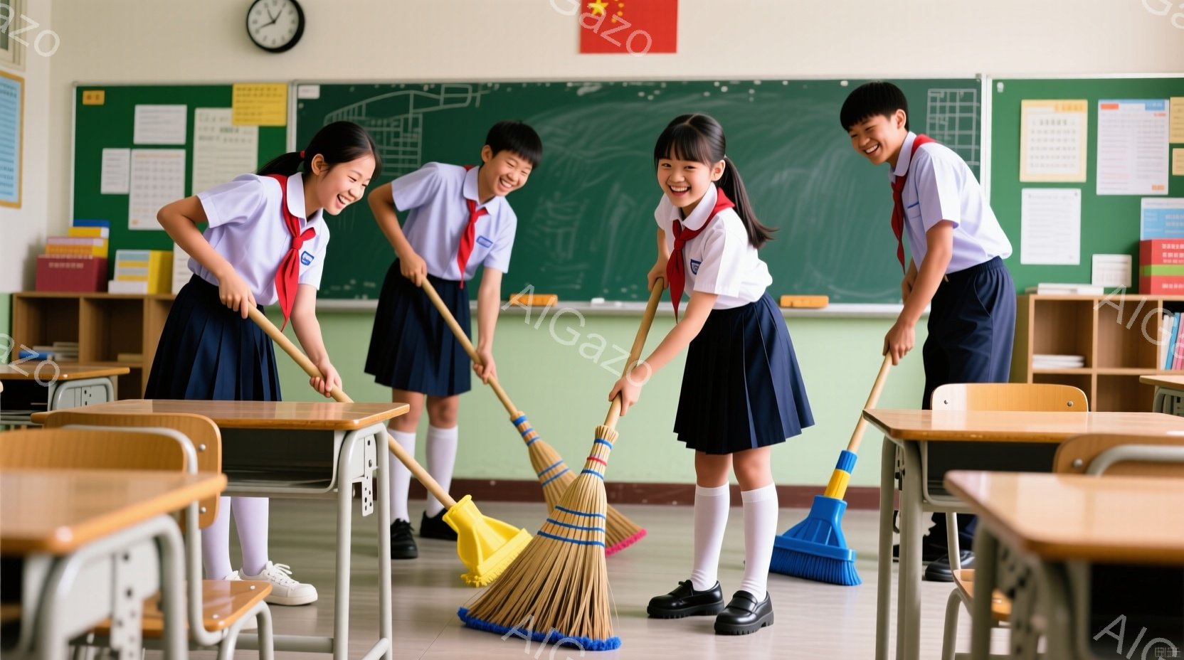 教室で四人の学生がほうきで掃いている様子が写っている。紺色のスカートと白いシャツ、赤いネクタイを着用し、皆笑顔で掃き掃除に励んでいる。教室の黒板には漢字が書かれており、背景には木製の机と椅子が並び、明るく清潔な雰囲気が漂っている。