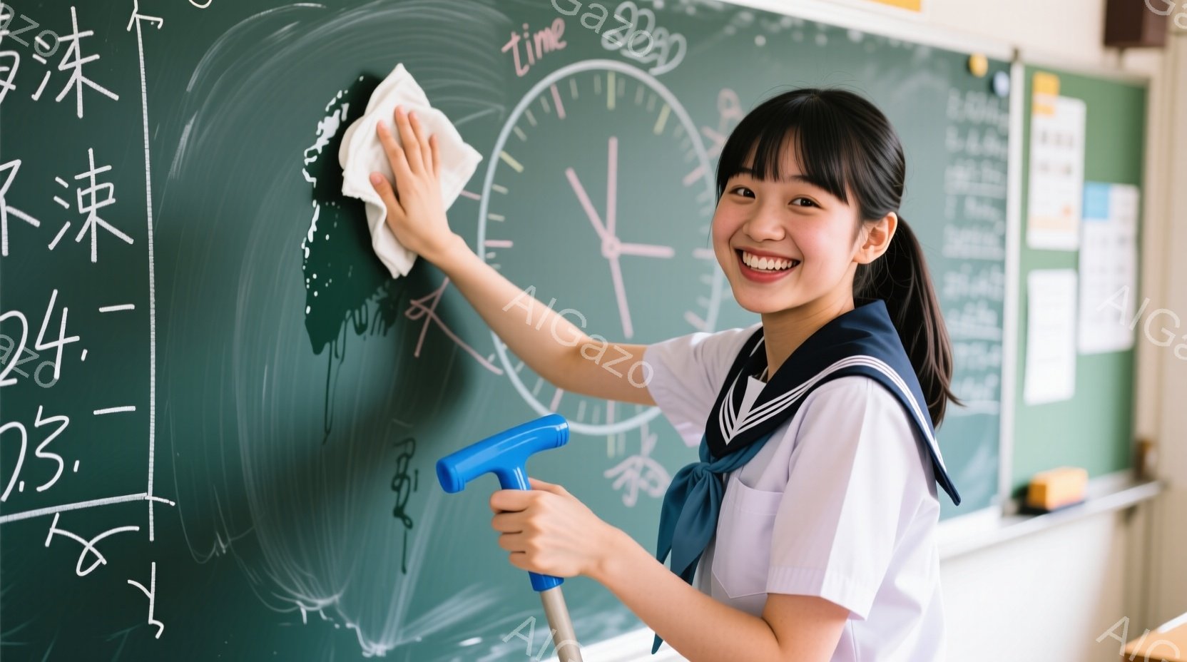 紺色のセーラー服を着た女子学生が、チョークで書かれた黒板を拭いています。彼女は明るい笑顔で、ほうきのような道具を片手で持ち、もう片手で黒板を拭いています。背景には教室の様子が見え、黒板には漢字と時間が書かれており、清潔で明るい雰囲気が漂っています。