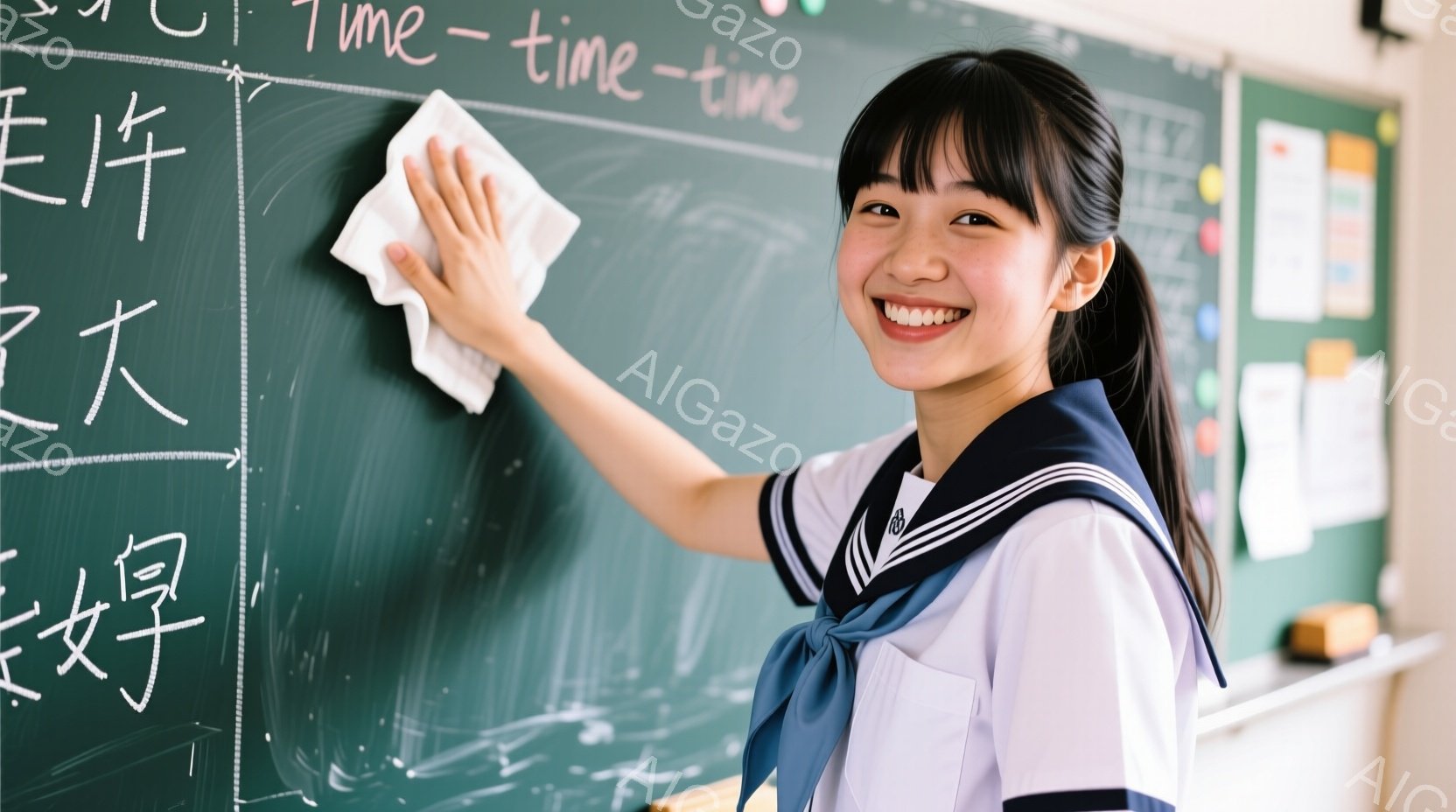 制服を着た若い女性が黒板を拭いています。彼女は紺色のリボンと白いブラウスを着用し、笑顔で少し上目線でこちらを見ています。背景には、漢字が書かれた黒板と学校の教室の一部が見え、明るく清潔な雰囲気です。