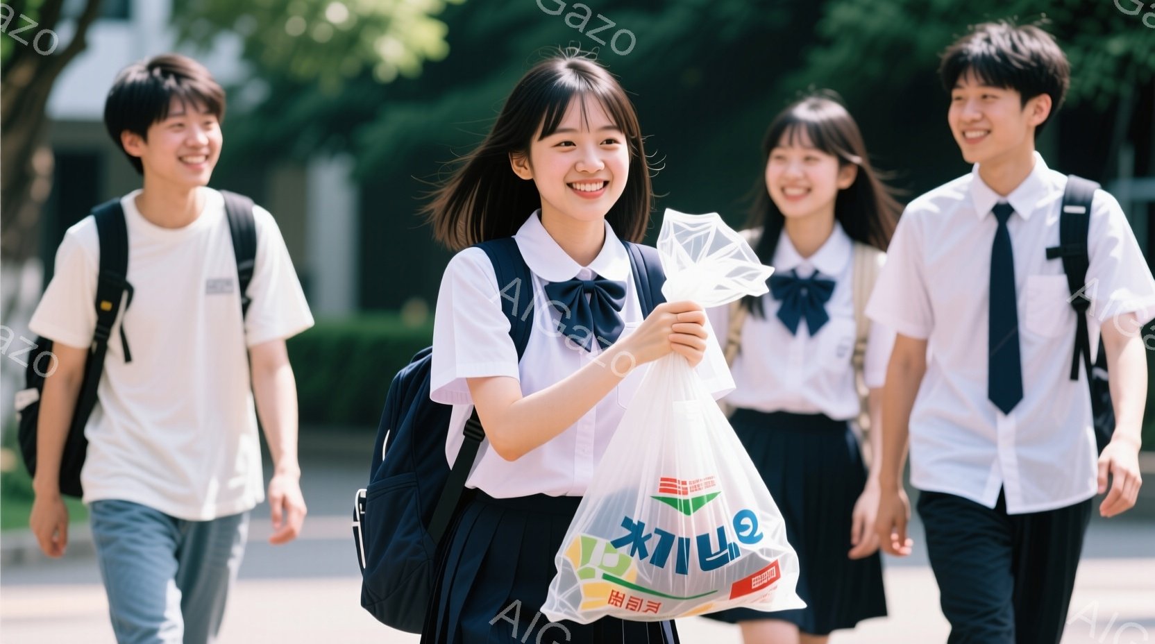 制服を着た若い男女4人が、明るい屋外を歩いている。女性の一人は白いブラウスとネクタイ、紺色のスカートを着用し、プラスチック製の袋を抱えて満面の笑みを浮かべている。背景には緑豊かな木々が見え、晴天の下、 - AI生成フリー素材
