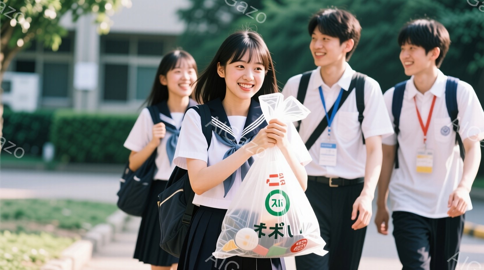 制服を着た女子高生が、スーパーマーケットのレジ袋いっぱいの買い物を抱え、笑顔で歩いている。彼女の髪は肩まで伸びており、前髪は少しふさふさとしている。背景には、同じ制服を着た男子生徒が二人おり、晴れた日の校舎や緑豊かな木々が見える、明るく活気のある雰囲気である。