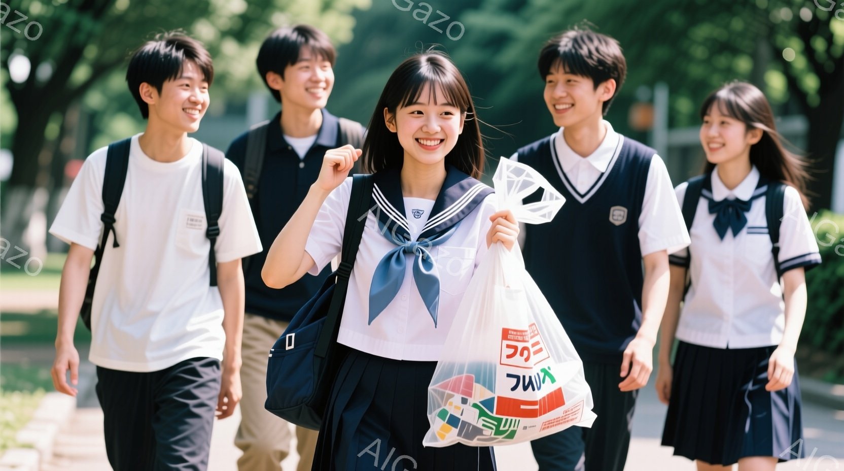 制服姿の学生4人が並んで歩いている写真です。女性は短い髪で微笑んでおり、ビニール袋を手に持っています。背景には緑豊かな木々が見え、晴天の下、明るく活気のある雰囲気が漂っています。 - AI生成フリー素材