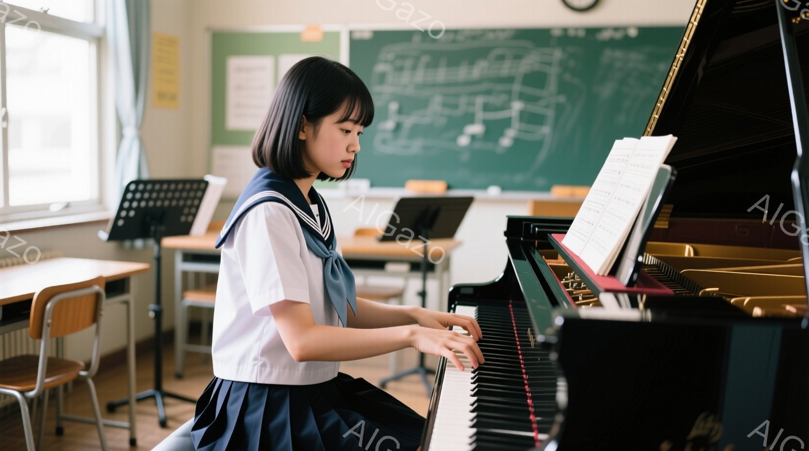 制服を着た女子学生がピアノを弾いている様子が写っている。彼女は黒い髪を肩のあたりで切り揃え、集中した表情で鍵盤を見つめている。教室の奥には他の机や椅子が並び、黒板が背景に見える穏やかな雰囲気である。 - AI生成フリー素材