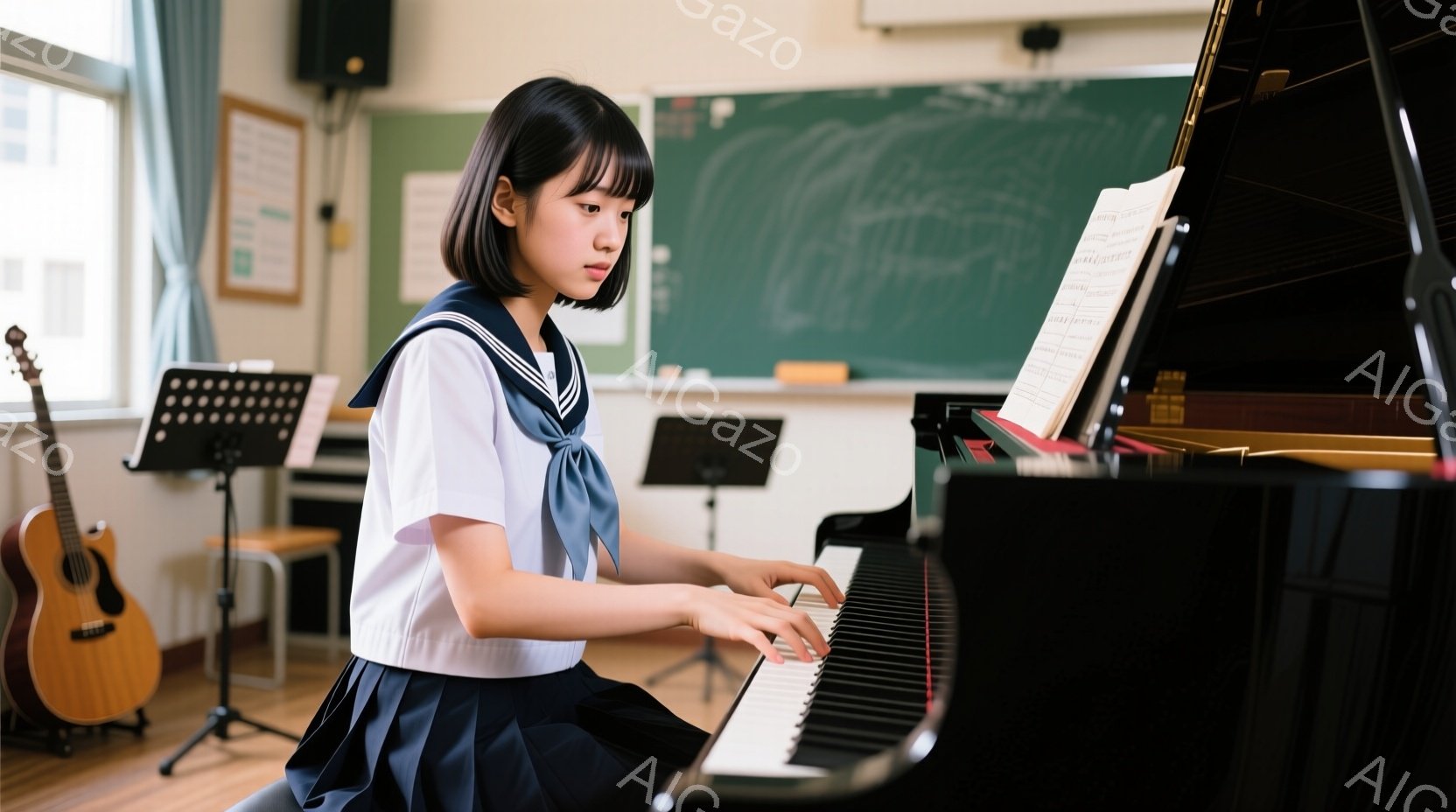 制服を着た女子学生がピアノを弾いています。彼女は黒いロングヘアで、集中した表情で鍵盤を見つめています。背景には黒板と譜面台があり、音楽室のような空間であることがわかります。