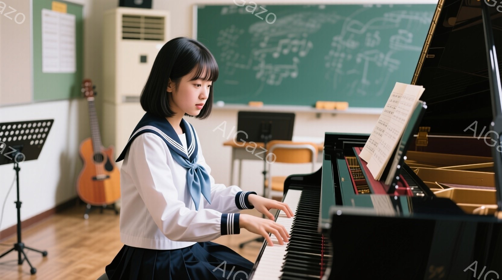 制服を着た若い女性がピアノを弾いています。彼女は濃い色の髪を後ろでまとめ、集中した表情で鍵盤を見つめています。背景には教室があり、黒板やギターが置かれており、落ち着いた雰囲気です。 - AI生成フリー素材