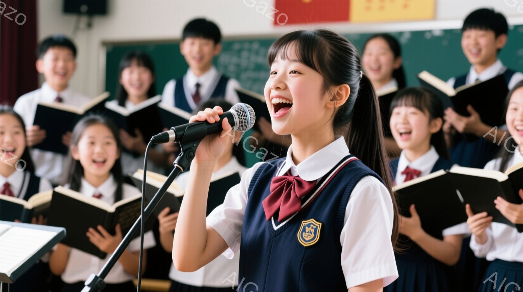 制服を着た少女がマイクに向かって歌っている様子が写っています。彼女は紺色のベストと白いシャツ、赤いリボンが特徴的で、明るい笑顔を見せています。背景には、同じ制服を着た生徒たちが賛美歌のような楽譜を見な - AI生成フリー素材