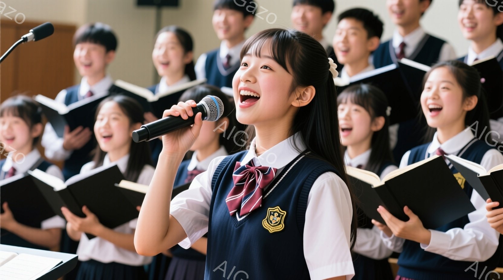 紺色のベストと白いシャツ、チェックのネクタイを着用した女子高生が、マイクに向かって歌っている姿が写っています。彼女は満面の笑みを浮かべ、少し上目遣いで力強く歌っており、背景には楽譜を開いて同じように歌う他の生徒たちがいます。全体的に明るく活気のある、コーラス部の練習風景を捉えた写真です。