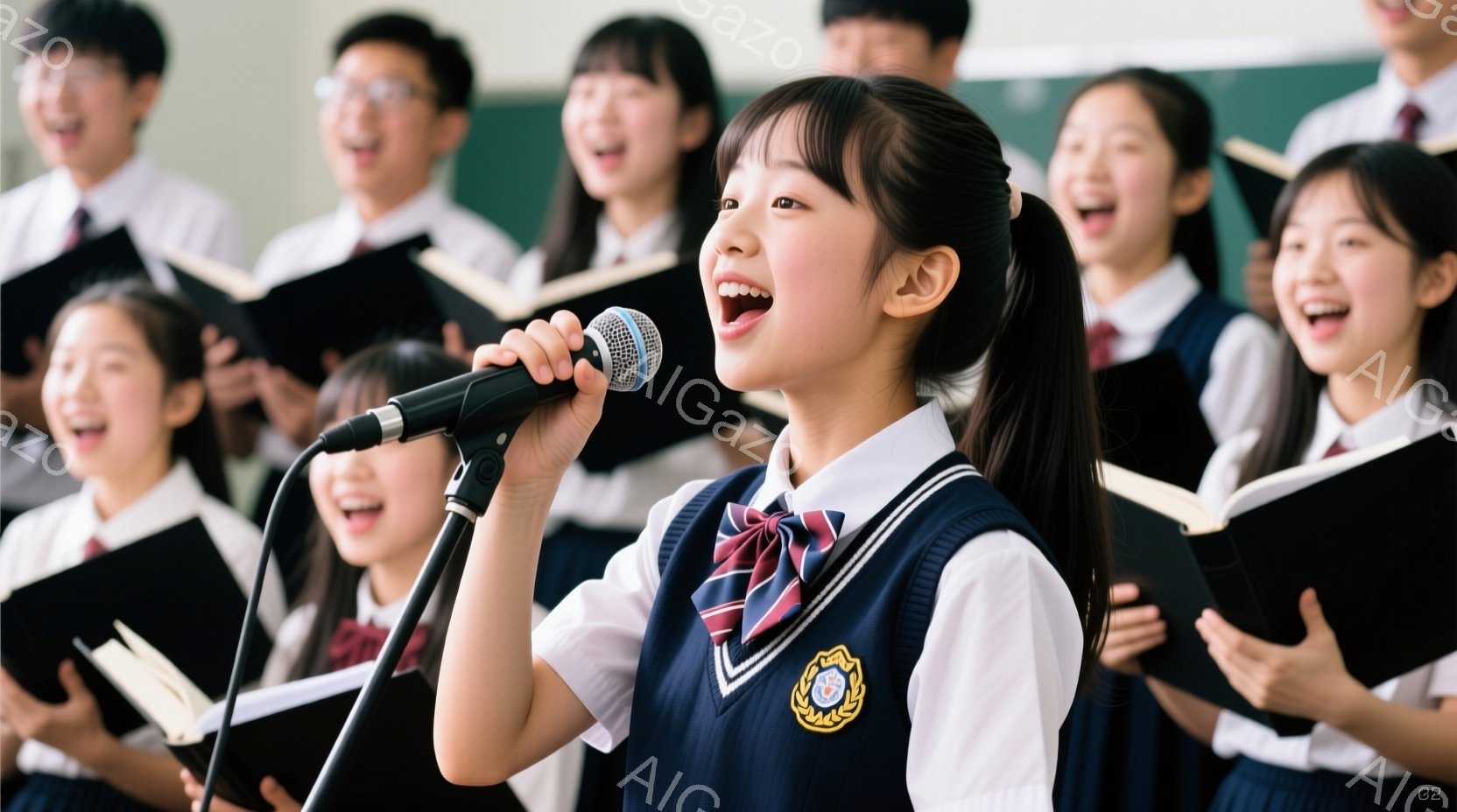 女子が紺色のベスト、白いシャツ、チェックのネクタイを着用し、マイクに向かって歌っている。彼女は髪をポニーテールにし、明るい笑顔を見せており、他の生徒たちも楽譜を見ながら歌っている様子が見える。背景には他の生徒たちがおり、教室のような場所で、活気にあふれた合唱の雰囲気が伝わってくる。