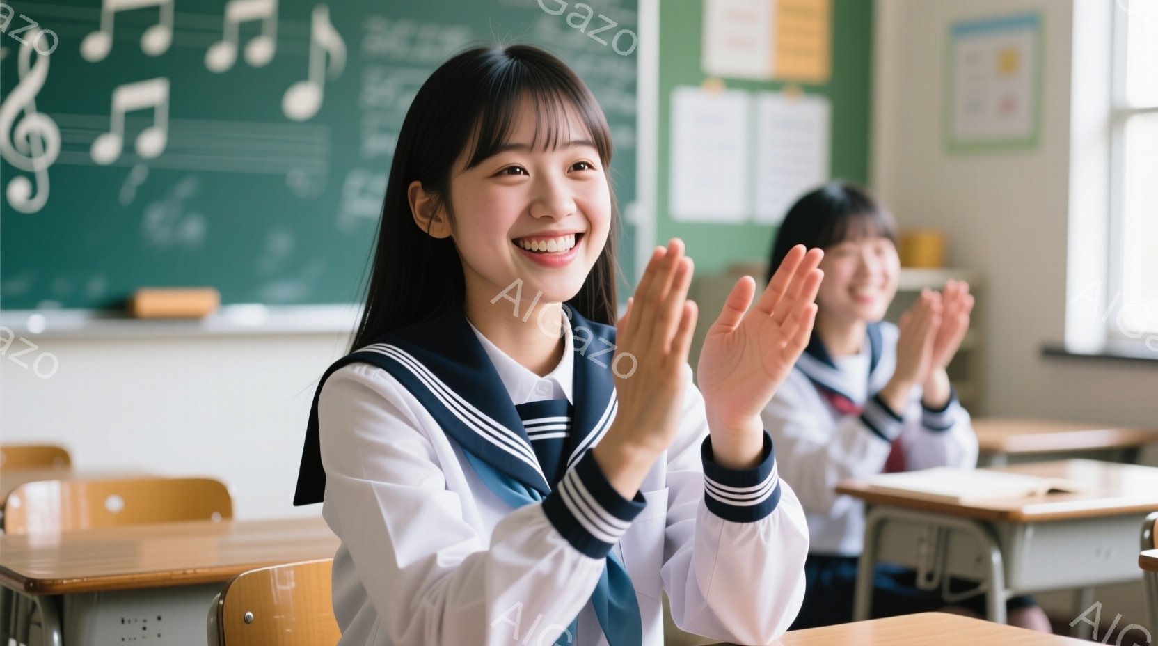 制服を着た女子学生が教室で拍手をしている様子が写っている。彼女は黒髪のショートボブで、満面の笑みを浮かべ、嬉しそうな表情をしている。背景には黒板があり、音符やポスターが貼られており、明るく活気のある教室の雰囲気が伝わる。
