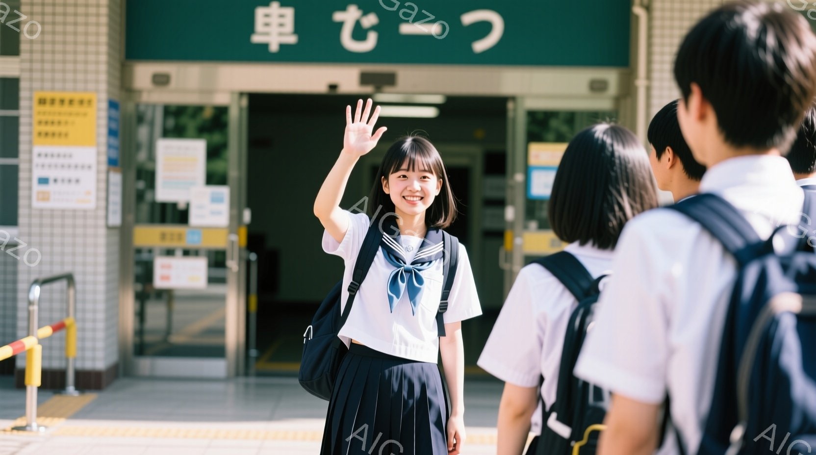制服を着た女子高生が、入り口の前に立って手を振っています。彼女はショートヘアで、明るい笑顔を見せており、黒いリュックを背負っています。背景には駅の入り口があり、他の生徒たちが少し見えており、晴れた日の穏やかな雰囲気が伝わってきます。