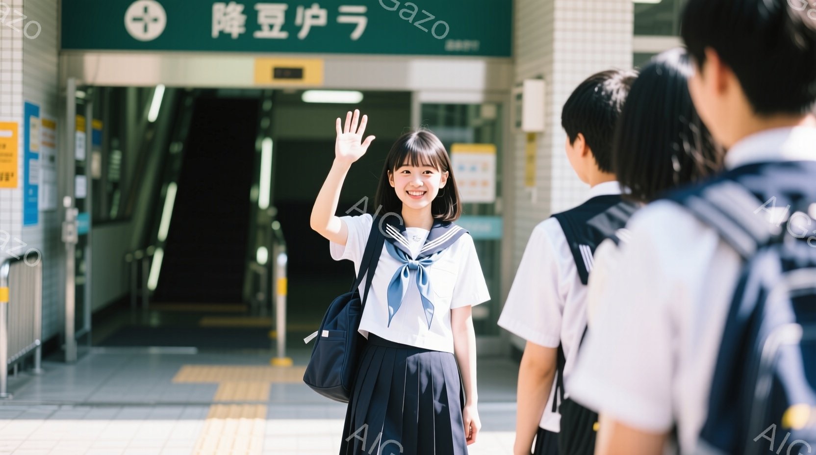 制服を着た女子学生が、明るい笑顔でカメラに向かって手を振っています。彼女は紺色のリボンとブレザー、チェックのスカートを着ており、肩には黒のバッグをかけています。背景には駅の入り口と他の学生たちが写っており、晴れた日の活気ある学校生活の一場面を切り取っています。