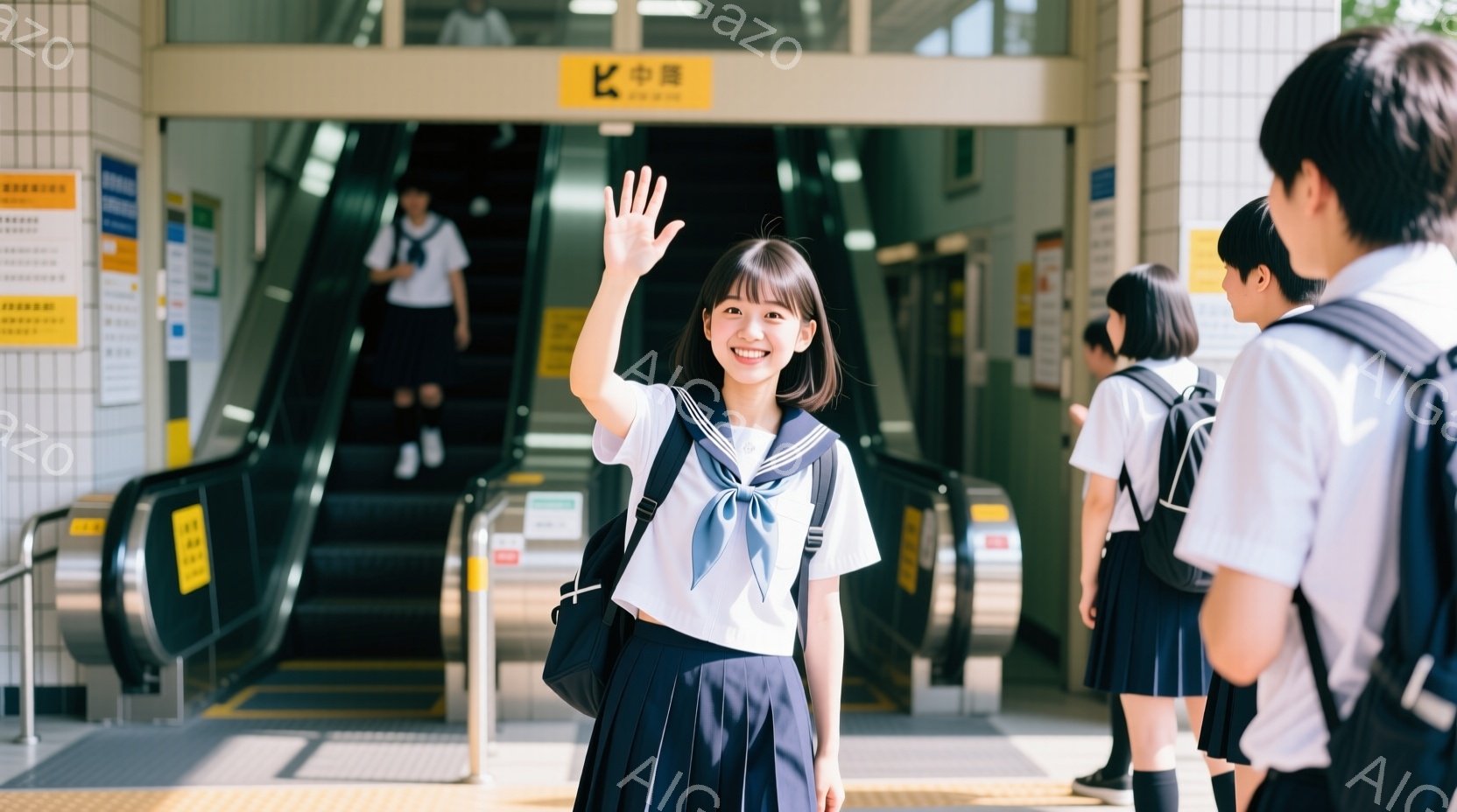 制服を着た女子高生が、駅の階段の前で笑顔で手を振っています。彼女は濃い青色のリボンと、プリーツスカート、白い靴下を履いています。背景には他の学生たちが階段を上り下りしており、明るい日差しが差し込む穏やかな雰囲気です。
