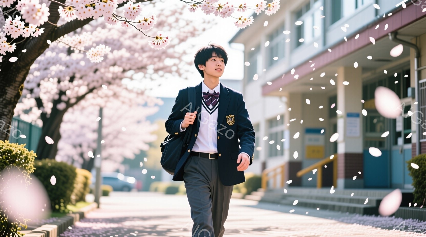 制服を着た少年が、桜並木の下を歩いている。彼は紺色のブレザーにグレーのズボンを履き、ネクタイとスカーフを締めている。背景には学校の建物が見え、桜の花びらが舞い散る春の穏やかな雰囲気が漂っている。