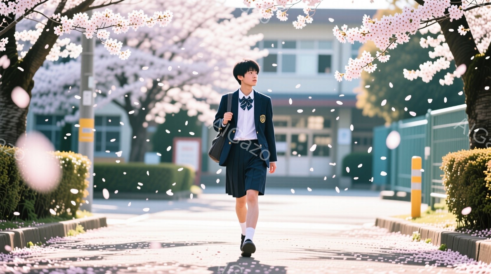 制服を着た男の子が、桜の花びらが舞う道を歩いている。彼は紺色のブレザー、白いシャツ、短いズボン、白いソックス、黒い靴を履き、首にはネクタイをしている。背景には学校の建物と、満開の桜並木があり、明るい春 - AI生成フリー素材