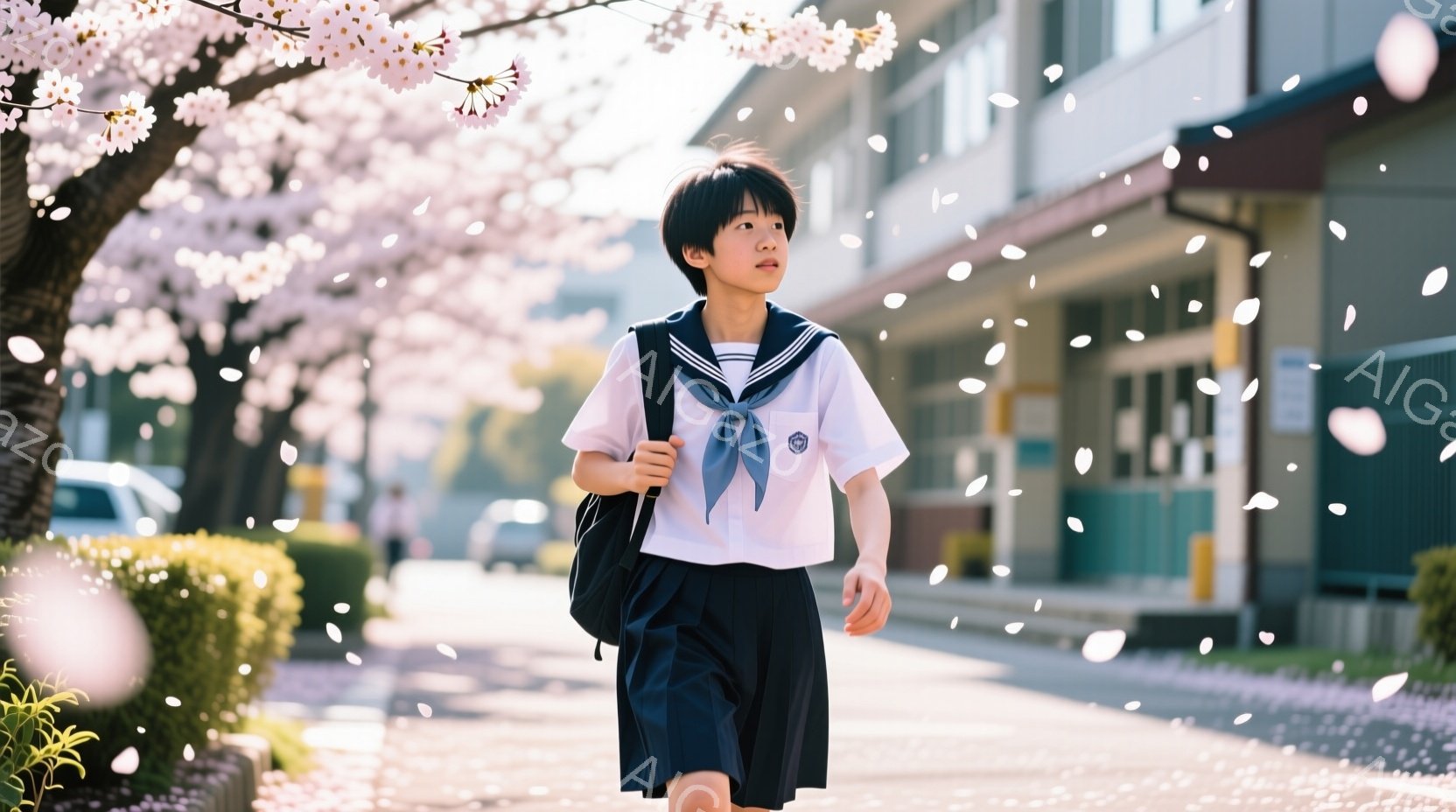 制服を着た少年が、桜の花びらが舞う通学路を歩いている。彼は紺色のスカートと白いシャツ、そしてネクタイとリュックサックを身につけ、少し前かがみの姿勢で歩いている。背景には、桜並木と校舎がぼやけて見え、春 - AI生成フリー素材