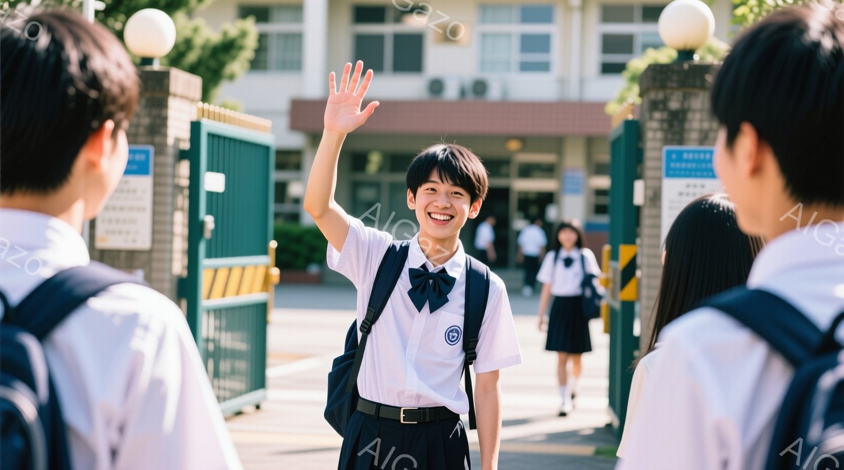 制服を着た男子高校生が正面を見ながら手を振っている。彼は短髪で、明るい笑顔を浮かべ、黒いリュックサックを背負っている。背景には制服を着た他の生徒たちがおり、学校の建物と緑豊かな木々が見える晴れた日の光 - AI生成フリー素材