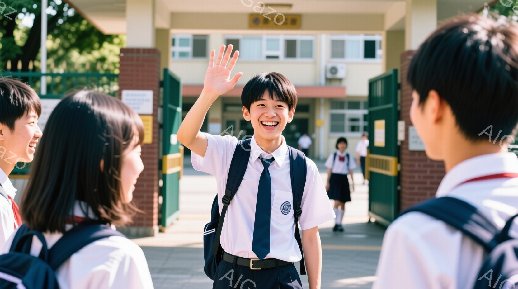 制服を着た男子生徒が、満面の笑みで手を振っています。彼は紺色のブレザーに白いシャツ、ネクタイ姿で、リュックサックを背負っています。背景には学校の建物が見え、他の生徒も制服姿で立っており、晴れた日の明る - AI生成フリー素材