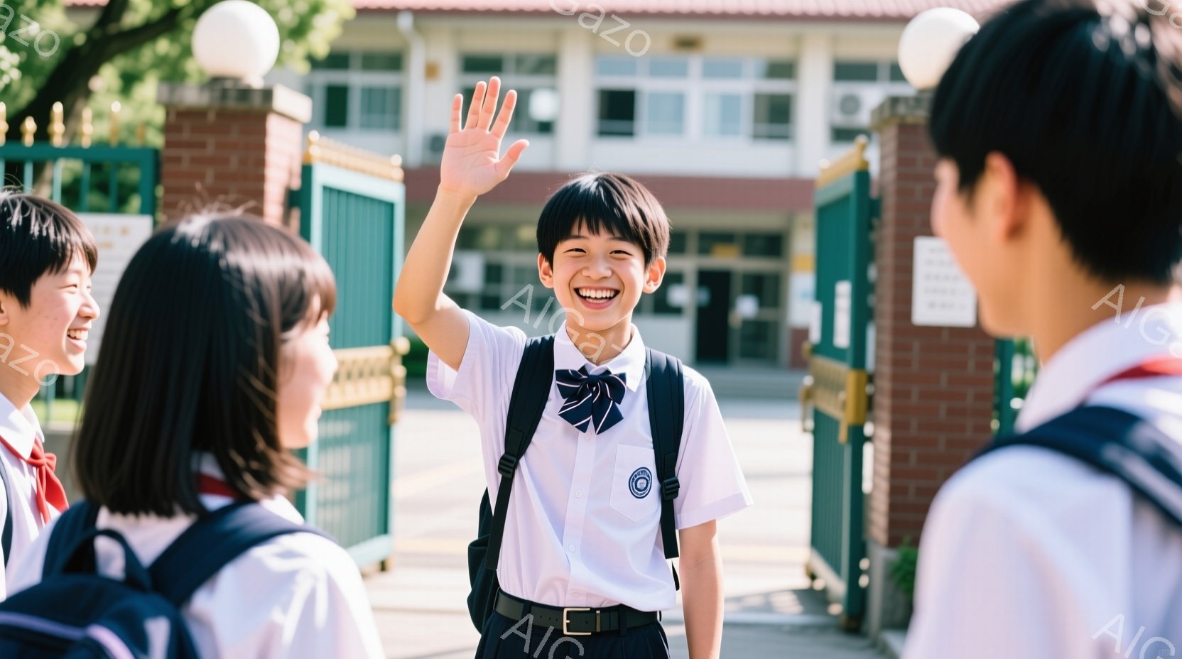 制服を着た男子生徒が正面で大きく手を振って笑顔を見せており、背景には他の生徒たちが写っている。彼は短髪で、白いシャツにネクタイ、黒いズボン、そしてリュックサックを背負っている。背景には煉瓦造りの建物と緑豊かな木々が見え、晴れた日の明るい雰囲気を感じさせる。