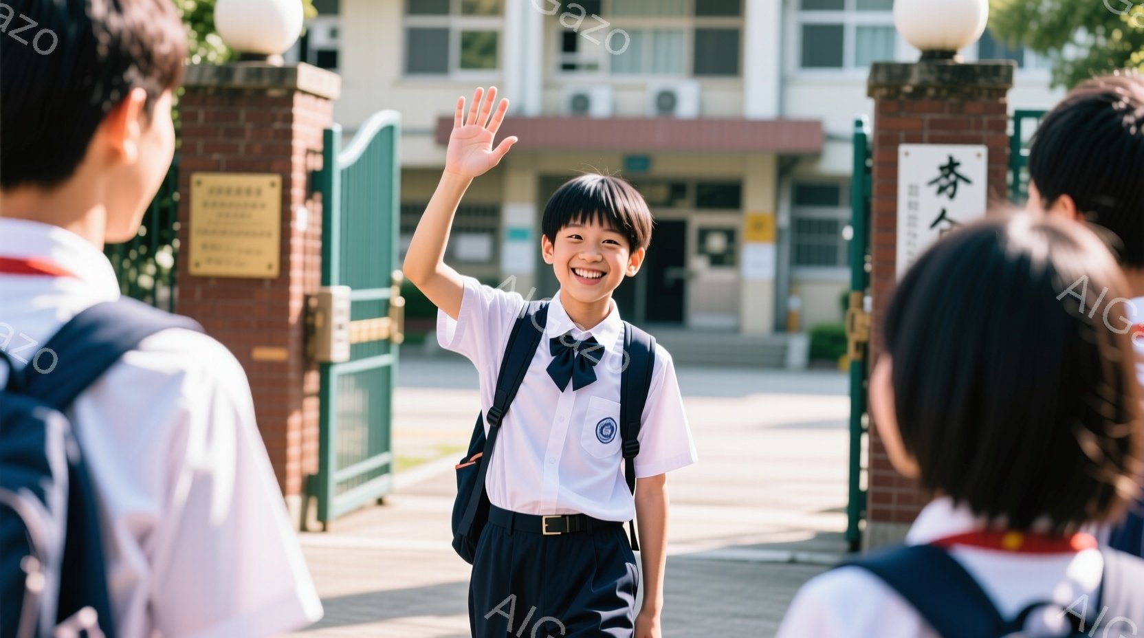 制服を着た少年が正面を向いて笑顔で手を振っています。紺色のスカートと白いシャツに黒いリボン、そして肩に背負ったリュックサックが特徴的です。背景には学校の建物が見え、晴天の下、明るく活気のある雰囲気です - AI生成フリー素材