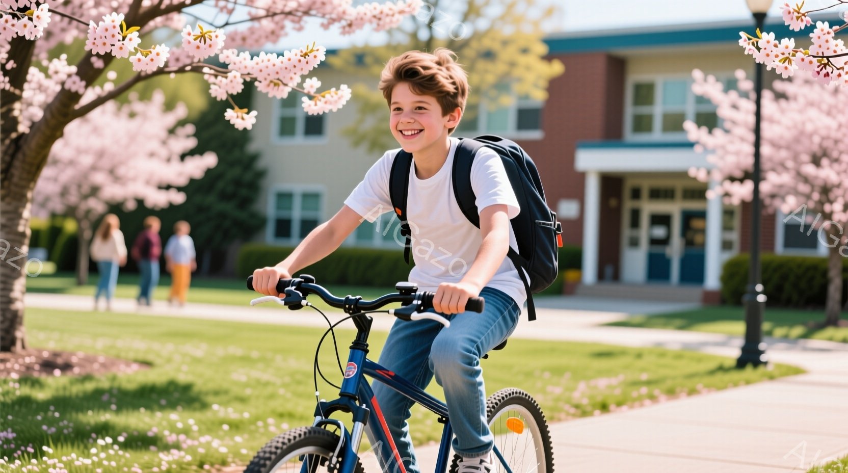 少年は青い自転車に乗り、明るい表情で前を見ている。彼は青いジーンズと白いTシャツを着ており、黒いバックパックを背負っている。背景にはレンガ造りの建物、緑の芝生、そして満開の桜が咲き誇り、春の穏やかな日差しが感じられる。