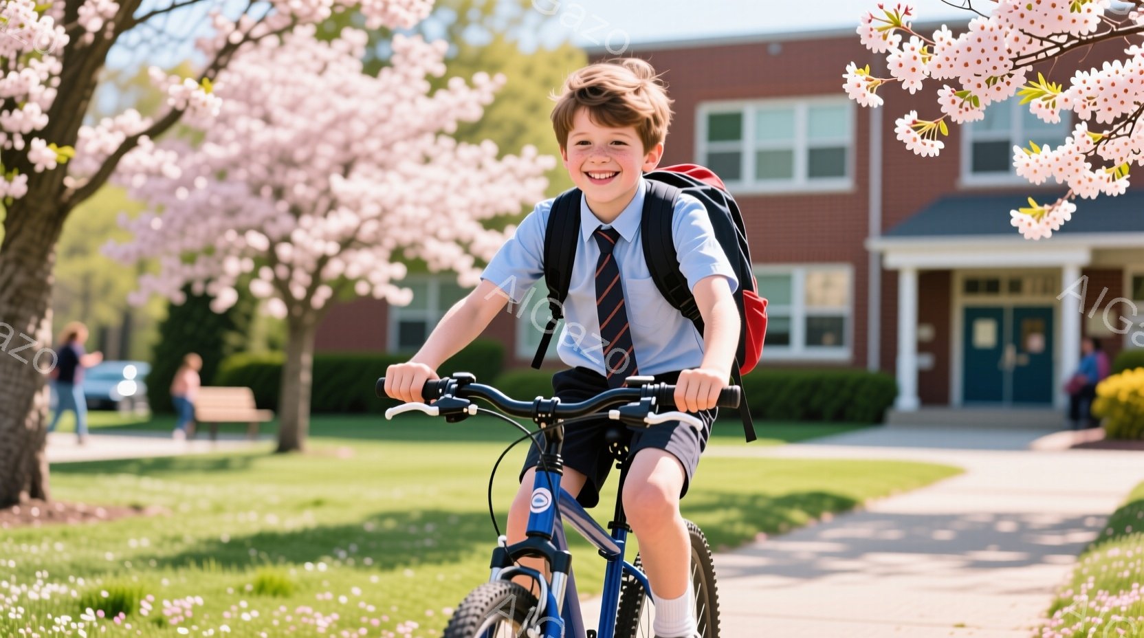 若い少年が自転車に乗って校庭を走っている。彼は青いシャツにネクタイ、短パン、白い靴下を履き、赤いバックパックを背負っている。背景にはレンガ造りの建物と満開の桜並木があり、晴れた空の下、春の暖かさを感じさせる。