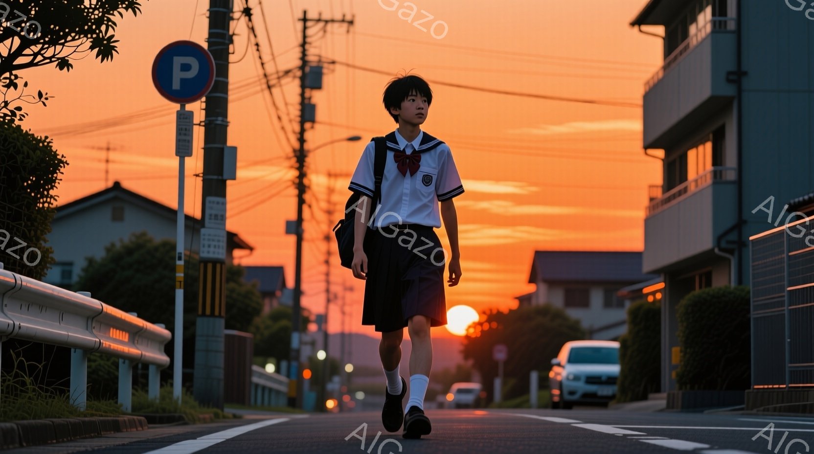 制服を着た少年が、住宅街の道路を正面から歩いてくる様子が写っている。夕焼け空の下、少年は少し前かがみになり、肩に黒いカバンをかけている。背景には住宅や木々が見え、オレンジ色の空が暖かく、どこか懐かしい雰囲気を醸し出している。
