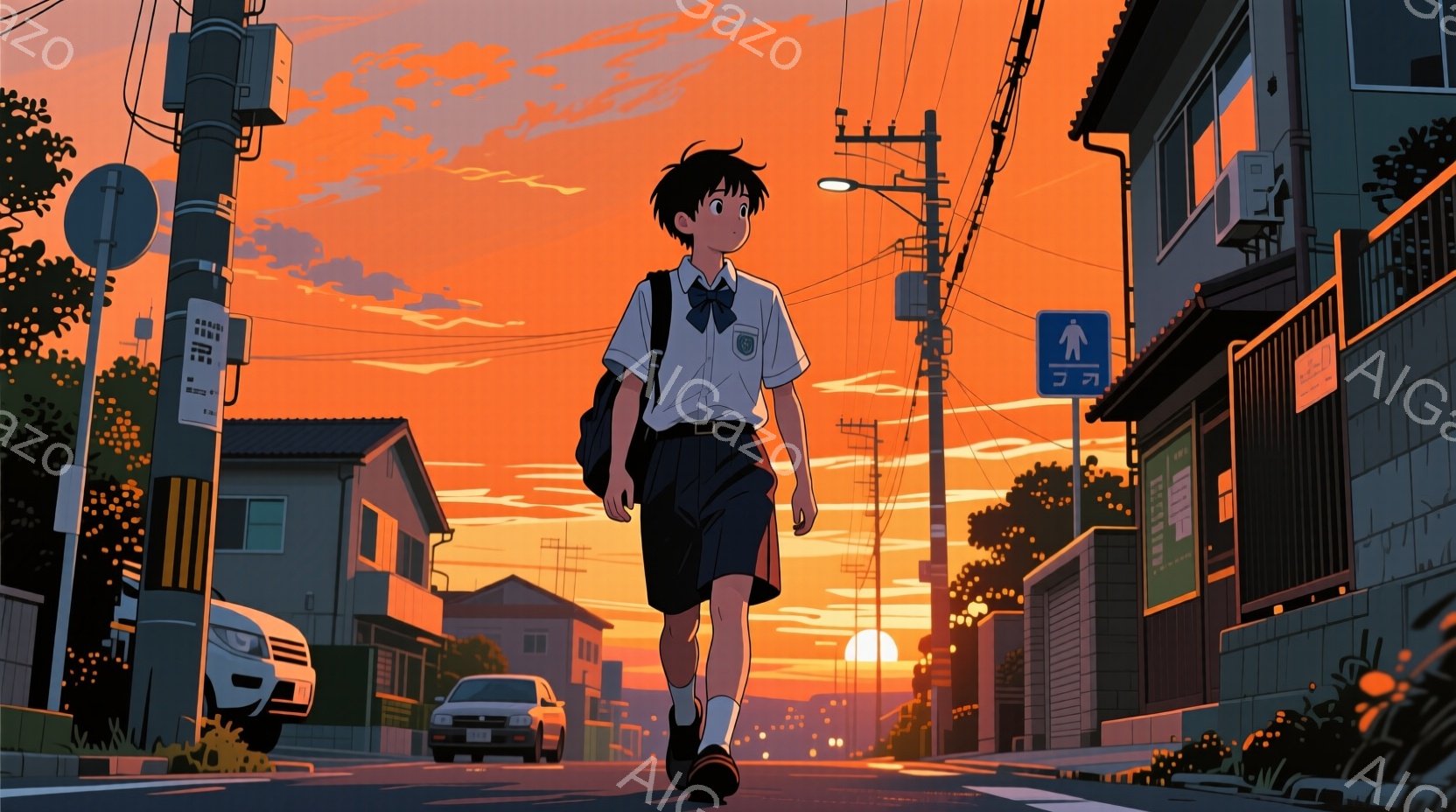 夕焼けの住宅街を、制服を着た少年が歩いている。彼は紺色のブレザーに白いシャツ、赤いネクタイを締め、黒い靴を履いている。背景には日本の住宅、電柱、茂った緑、そして空には燃えるような夕焼けが広がり、ノスタ - AI生成フリー素材