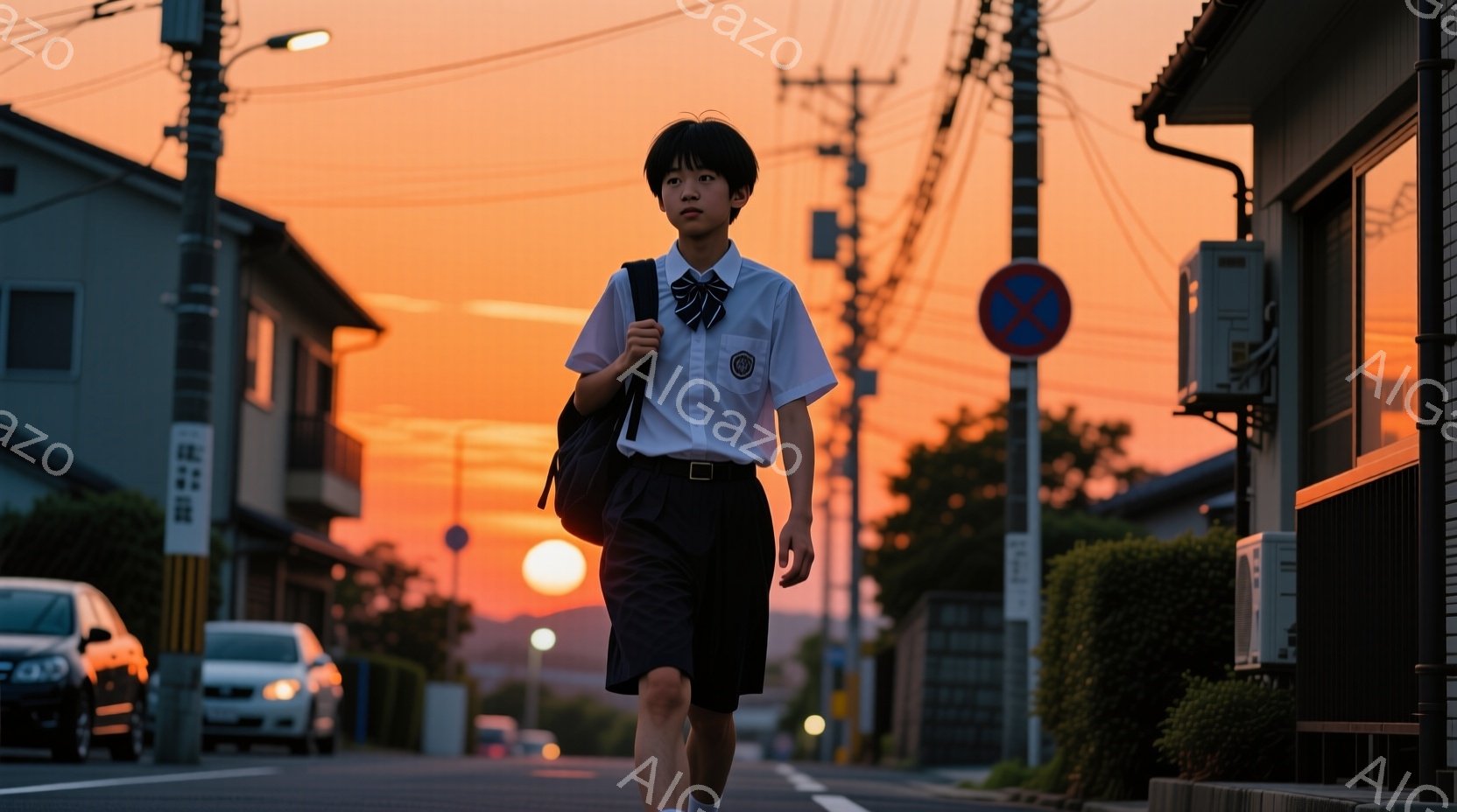 制服を着た少年が、住宅街の道を歩いている。彼は紺色の短パンに白シャツ、ネクタイを締めており、肩に黒いリュックサックをかけている。夕焼け空の下、オレンジ色に染まった背景が印象的で、少年の後ろには車や電柱 - AI生成フリー素材