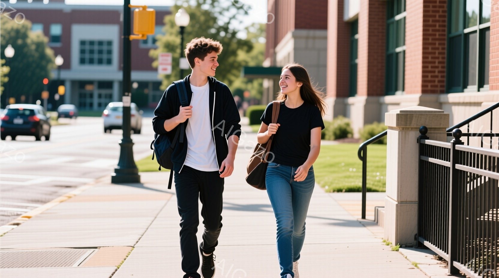 若い男女がキャンパスらしき場所を歩いている。男性は白いTシャツに黒いズボン、黒いバックパックを背負い、少し笑みを浮かべている。女性は黒いTシャツにジーンズ、肩にベージュのバッグをかけ、男性の方を見なが - AI生成フリー素材