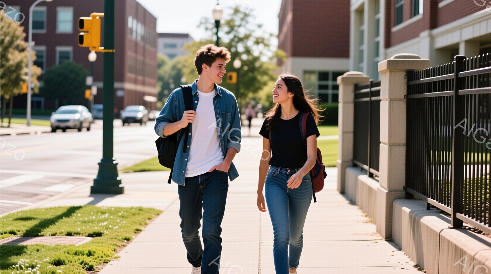 若い男性と女性が歩道を歩いている。男性は白いTシャツにジーンズ、女性は黒いTシャツにジーンズというカジュアルな服装で、それぞれリュックサックを背負っている。背景にはレンガ造りの建物、緑の芝生、そして晴 - AI生成フリー素材