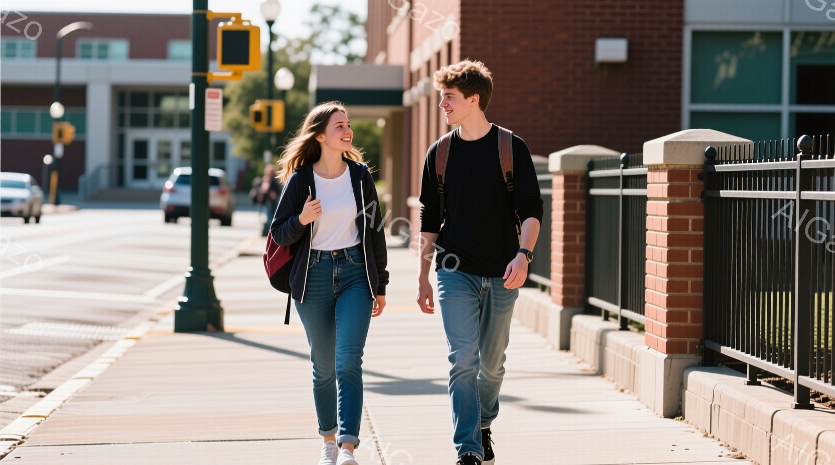 若い女性と男性が歩道を歩いている。女性は白いTシャツにジーンズ、黒いジャケットを着て、肩にリュックサックを掛けている。男性もジーンズに黒い長袖シャツを着ており、肩にもリュックサックを掛けている。