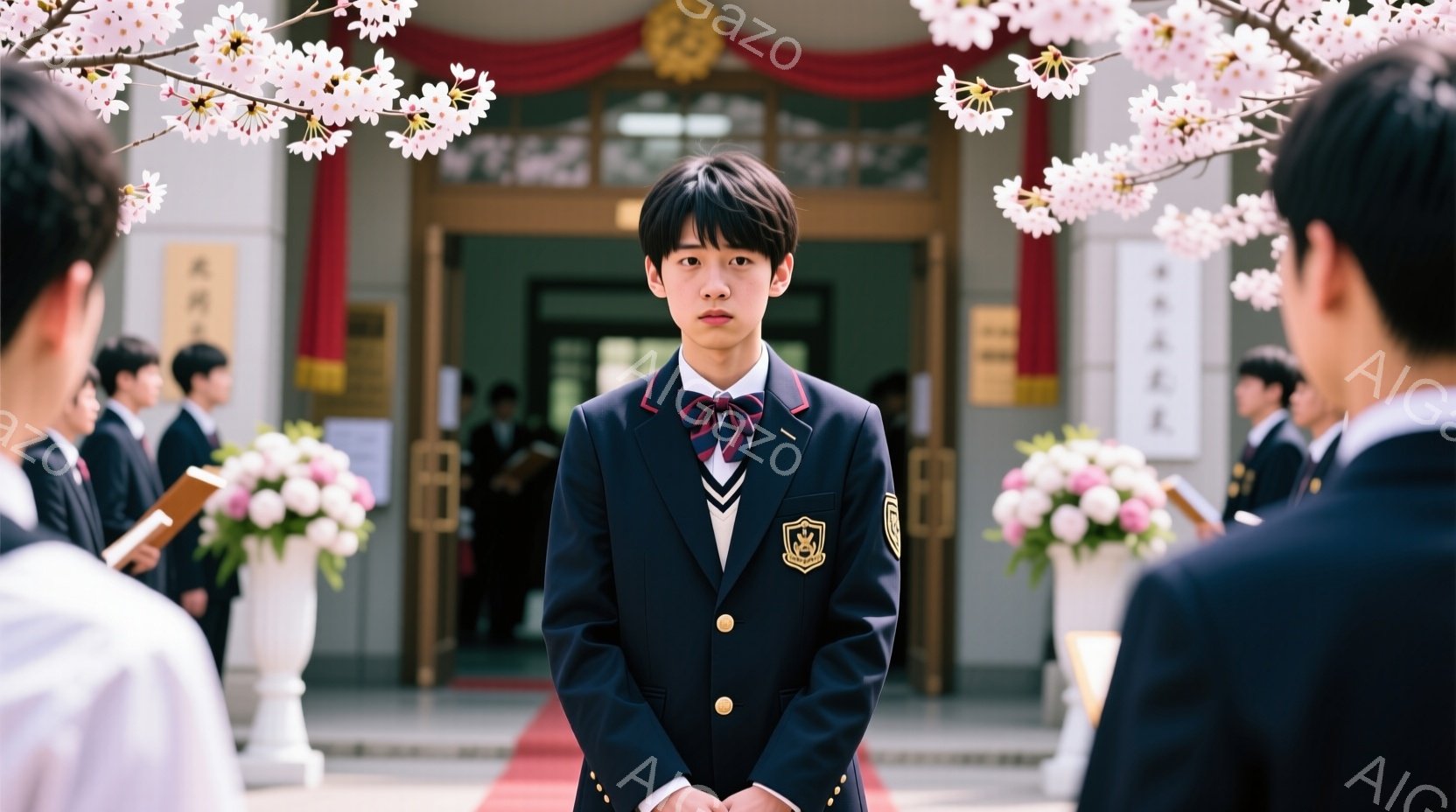 制服を着た少年が正面を向いて立っている。濃い青色のブレザーに、赤と濃い青色のネクタイ、金色のボタンが特徴的で、髪型は短く整えられている。背景には、桜の花が咲き誇る桜並木と、白い石造りの校舎が見え、入学式のような厳かな雰囲気を醸し出している。