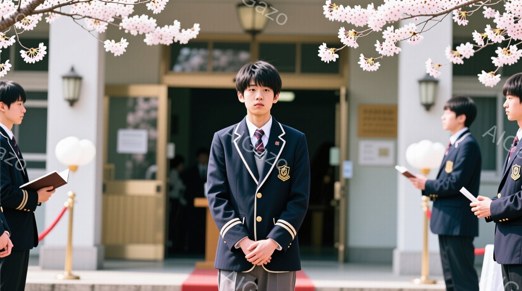 制服を着た男子生徒が、建物の入り口の前で立っている。紺色のブレザーにグレーのズボン、赤とネイビーのネクタイを着用し、髪型は短く整えられている。背景には、桜の木と、制服を着た他の生徒たちが立っており、全体的に厳かで少し緊張した雰囲気を感じさせる。