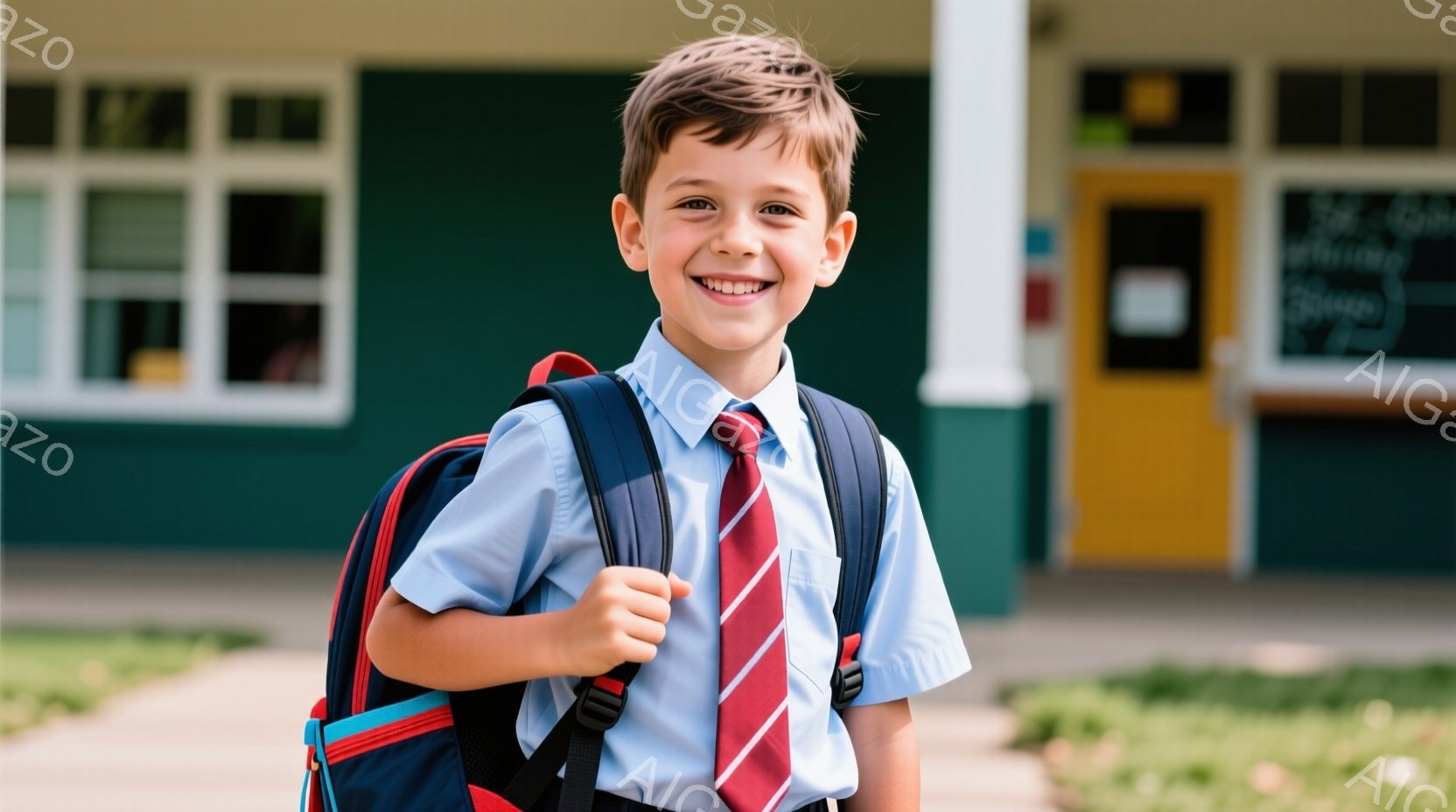 金髪の少年が、青いシャツと赤い縞模様のネクタイ、そして紺色のリュックサックを身に着けて、カメラに向かって満面の笑みを浮かべています。彼は片方の肩にリュックサックをかけ、自信に満ちた姿勢で立っています。 - AI生成フリー素材