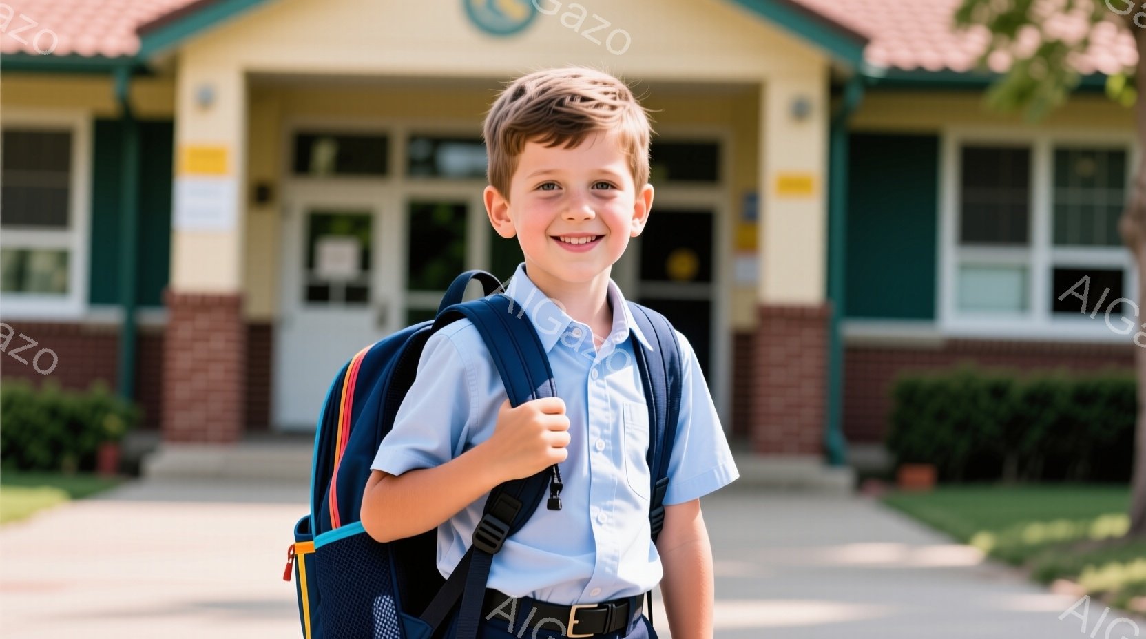この少年は、明るい笑顔でカメラに向かって立っています。水色のシャツにベルト、そしてカラフルなバックパックを背負っており、学校から帰ってきたばかりのようです。背景にはレンガ造りの建物と緑の植物が見え、晴れた日の穏やかな雰囲気が感じられます。