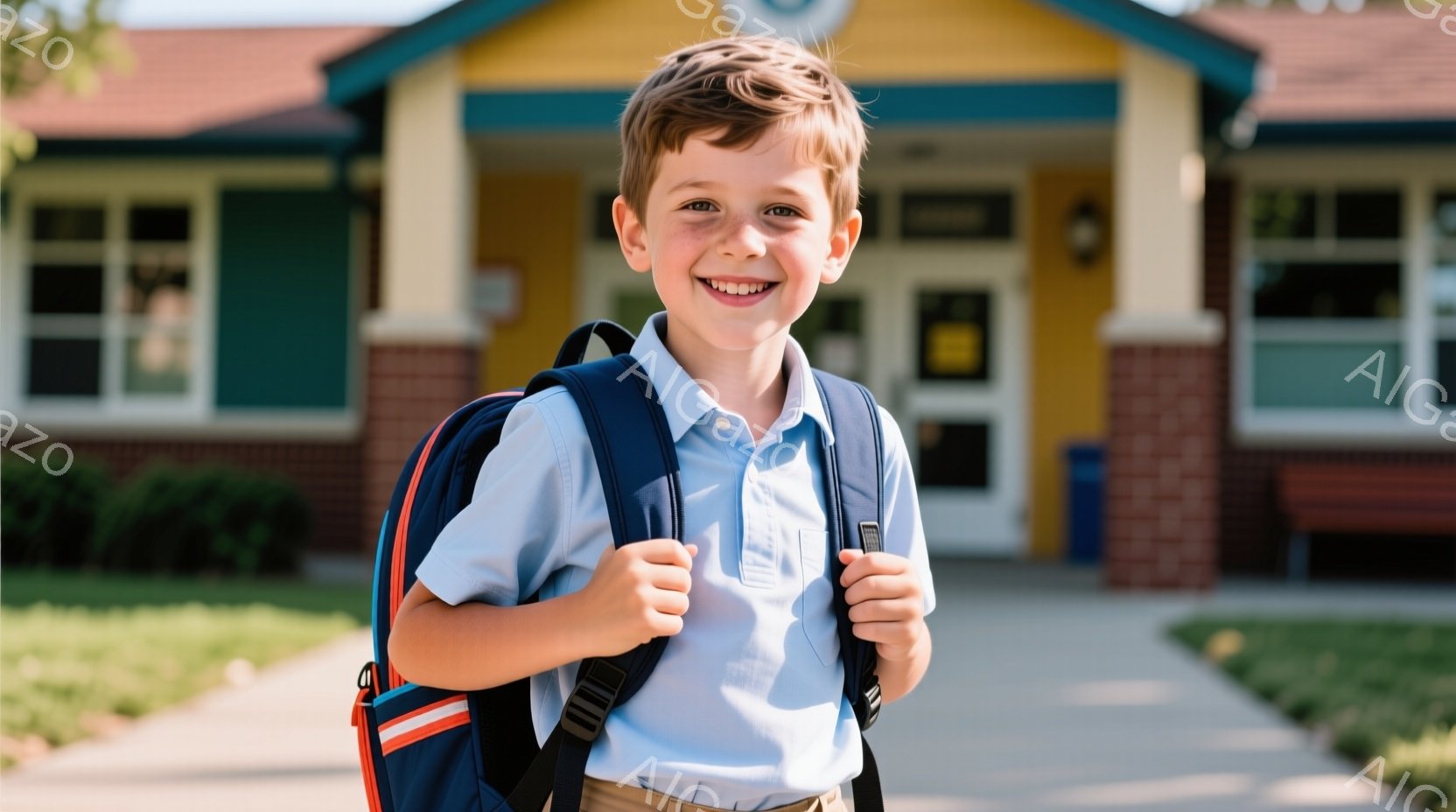 金髪の少年が青いシャツに紺色のバックパックを背負い、笑顔でカメラに向かって立っています。背景にはレンガ造りの建物と緑の芝生が見え、晴れた日の学校の前であると思われます。全体的に明るく、希望に満ちた雰囲気です。
