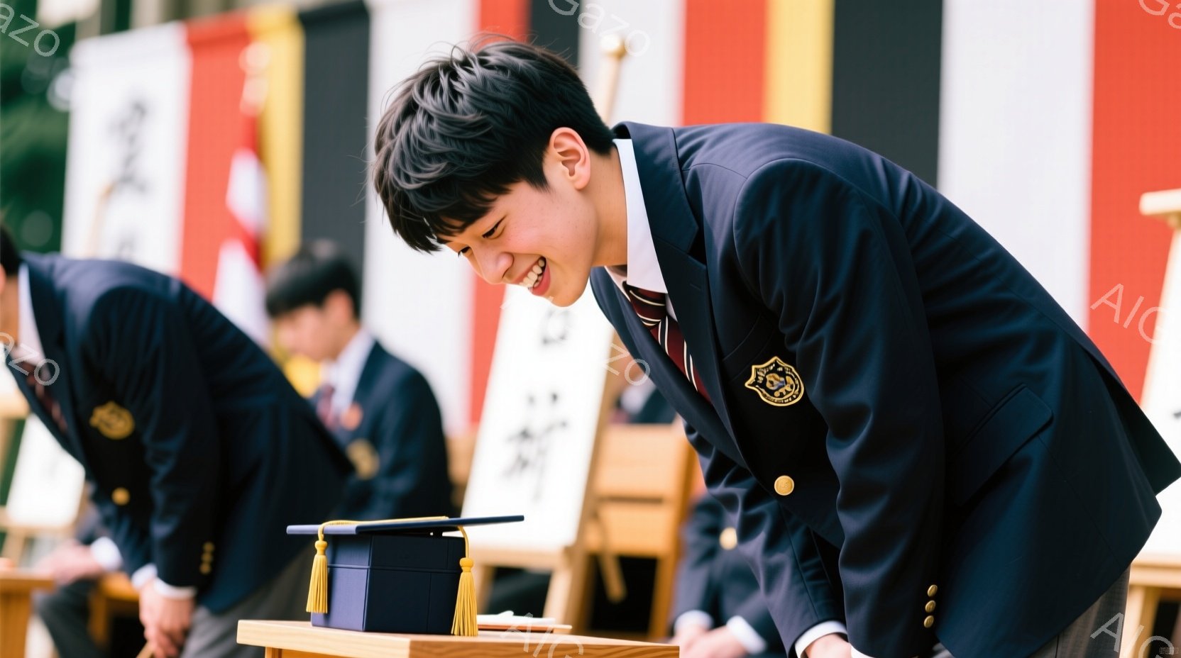紺色の制服に身を包んだ若い男性が、嬉しそうに前かがみになっている。彼の髪型は短髪で、表情は明るく微笑んでいる。背景には、他の制服を着た学生と、何らかの儀式で使用されると思われる祭壇や書道作品が見え、卒 - AI生成フリー素材