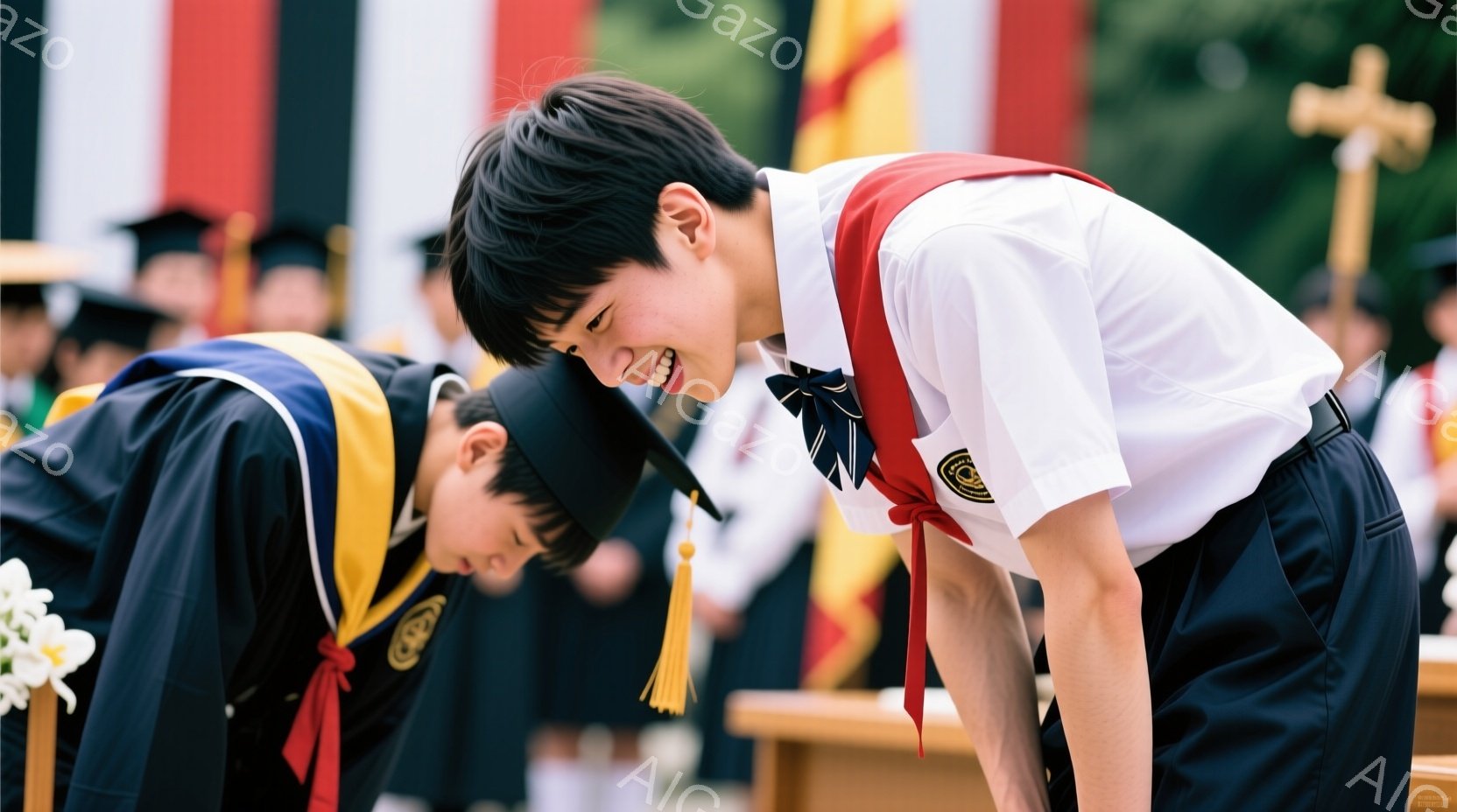 紺色の学士服と赤いネクタイを着用した男子学生二人が、互いに頭を下げて挨拶を交わしている様子が捉えられている。片方の学生は白いシャツに赤いスカーフを着用し、満面の笑みを浮かべている。背景には、他の卒業生や建物、そして緑豊かな自然が見え、晴天の下、喜びと感動に包まれた卒業式の雰囲気が伝わってくる。