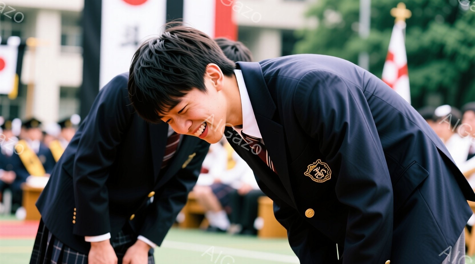 制服を着た男子学生が深くお辞儀をしている様子が写っている。紺色のブレザーにチェックのスカート、赤いネクタイを着用し、表情は少し緊張しているように見える。背景には、建物や緑が見え、晴天の下、何らかの式典 - AI生成フリー素材